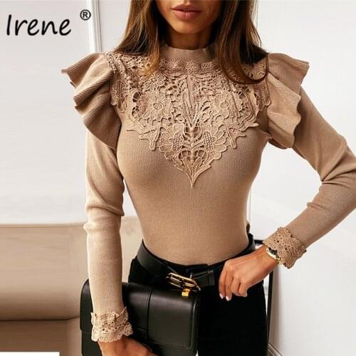 Irene 2020 Women Lace Long Sleeve T Shirts Ladies Casual Ribbed Knitted Autumn Winter Solid Basic Tops Fashion Women Clothing