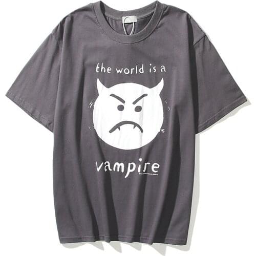 High Street Funny Letter Printed Simple Grey T-shirt Streetwear Trendy Retro Devil Print Short Sleeve Tee Men And Women