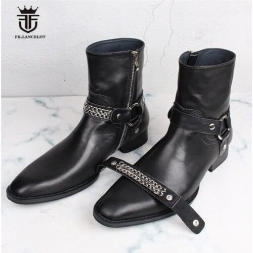 2019 Handmade genuine leather Slim denim Boots with two leather belts new design Chelsea men Boots