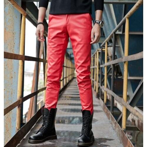 Autumn winter personality fashion slim motorcycle faux leather pants mens feet pants pu trousers for men pantalon homme red