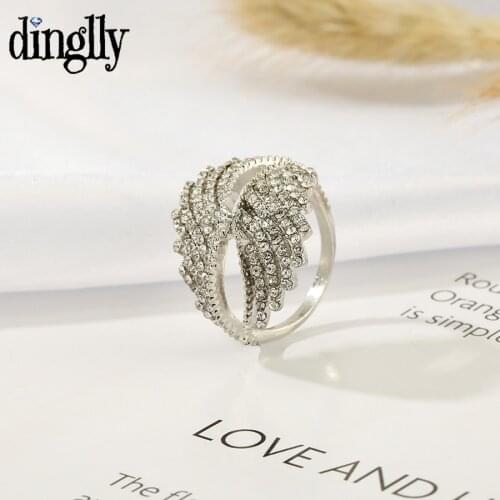 Dinglly Guardian Angel Wings Rings For Women Men Engagement Crystal Silver Color Ring Lovers Couple Family Wedding Gift
