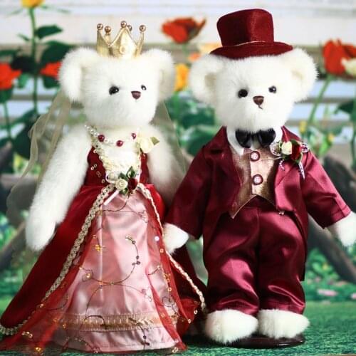 A pair teddy bear plush stuffed toys with Red wedding dress and dress suit plush joint teddy bear doll Valentine Wedding gift