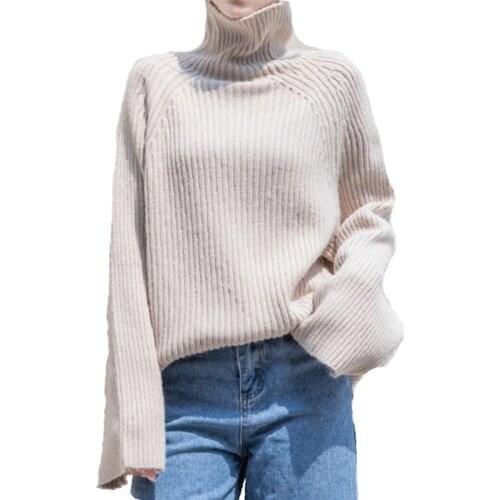 AECU Women Sweater Casual Loose Turtleneck Knitted Jumpers For Women Long Batwing Sleeve Crocheted Pullovers Streetwear Winter