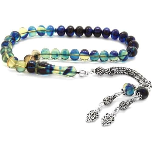 Tesbihane 925 Sterling Silver Tassels Wheel Cutting Cottage Blue Fire Amber Prayer Beads
