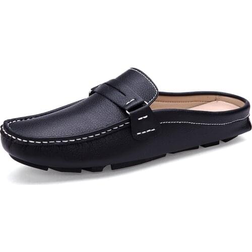 2020 Brand Men Shoes Summer Casual Flat Shoes Man Soft Leather Shoes Slip-on Half Slippers Men Comfortable Driving Loafers