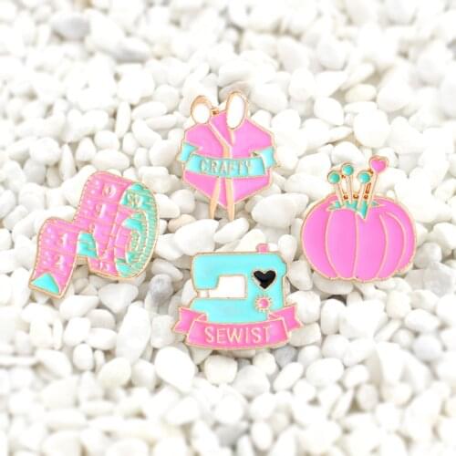 Unique pink cartoon sewing tool brooch tape measure scissors thimble badge fashion accessories Denim leather backpack accessorie
