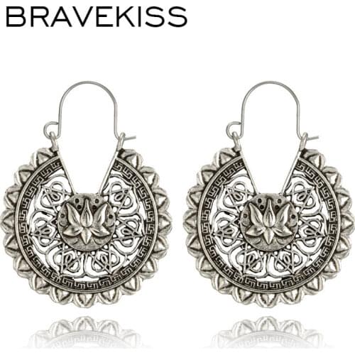 BRAVEKISS Vintage Lotus Flower Round Hoop Earrings For Women Ethnic Sliver Color Boho Earrings 2019 Fashion Jewelry BPE1429