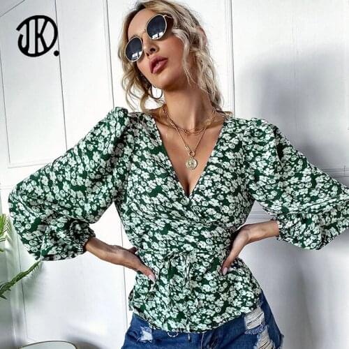 Ladies Elegant V-neck Long Lantern Sleeves Floral T-Shirt Printed High Quality Top For Women 2021 New Lace Up Pullovers Clothing
