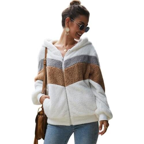 Parkas Stripe Outwear Coats Women 2019 Faux Fur Fashion Hoodies Jackets Female Soft Zipper Casual Overcoat Grey AA5109