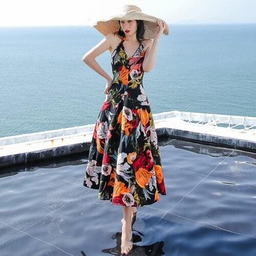 Women Long Floral Slip Dress Summer 2021 Runway Elegant Vintage Boho Backless Fairy Casual Beach Vacation Party Vestidos New