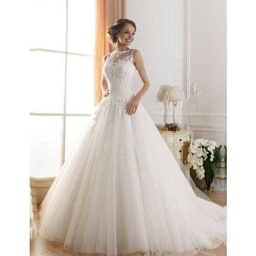 2015 A line Lace Wedding Dresses SexyJewel Sheer Neckline Beaded Lace Fluffy robes de mariage vestido de novia sin espalda
