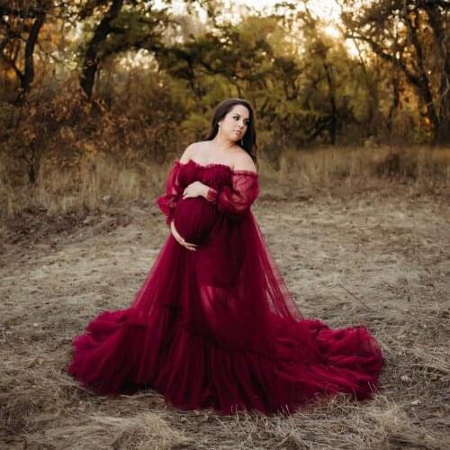 Burgundy Maternity Gowns for Photoshoot or Babyshower Off the Shoulder Long Sleeve Maternity Dress Customize Prom Evening Wear