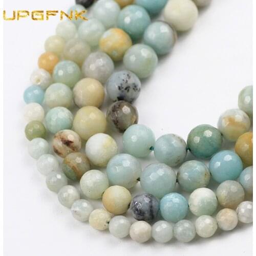 UPGFNK Natural Stone Faceted Amazonite Round Loose Spacers Beads for Jewelry Making DIY Bracelet Necklace Accessories 6/8/10mm