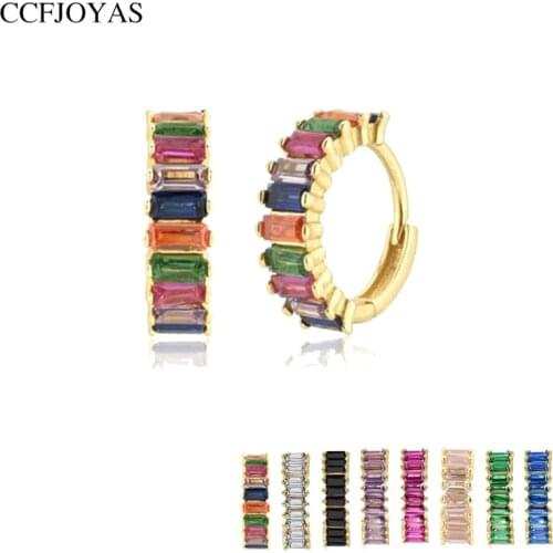 CCFJOYAS High-Quality Gold color 925 Sterling Silver Crystal Small Hoop Earrings Rainbow/Rose red/Purple Zircon Circle earrings