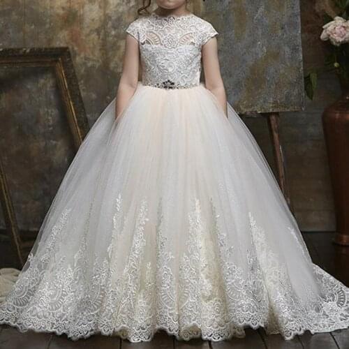 Flower Girl Dresses For Wedding Sheer Lace Applique Back Girls Pageant Gowns Princess Dresses