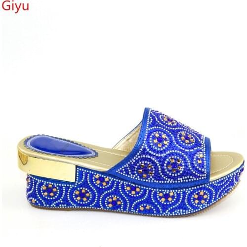 Doershow New Sweet Ladies blue Italian Shoes without Matching Bag Set Decorated with crystal Fashion African Sandals ! HKU1-18