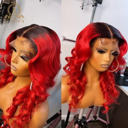 Ombre Red Color Wig Loose Wave HD Transparent Lace Human Hair Wigs 13x4 Lace Frontal Wig for Black Women Front Lace Na Beauty
