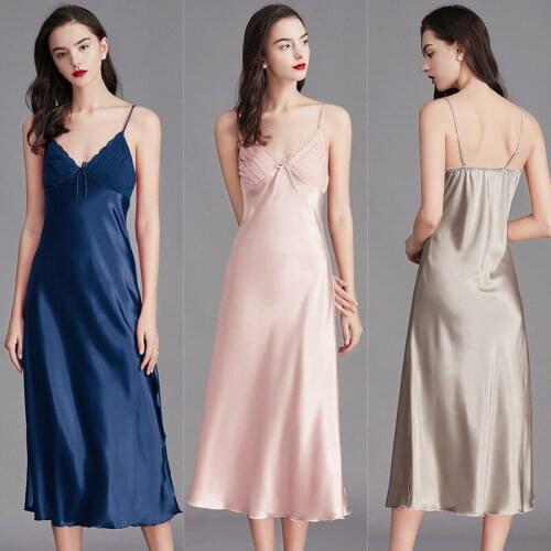 Fdfklak Fashion Women Sexy Sleepwear Silk Nightgowns 2021 Summer V-Neck Sleeveless Sleeping Dress Nightwear Plus Size M-3XL
