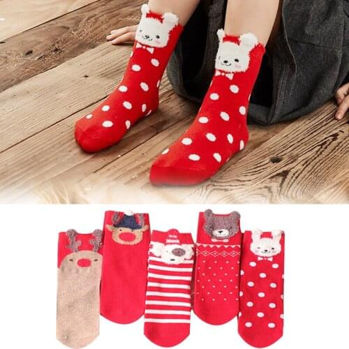5Pair Cotton Boys Girls Socks Cute Cartoon Pattern Kids Christmas Socks For Baby Boy Girl 5 Kinds Style Suitable For 1-12Y