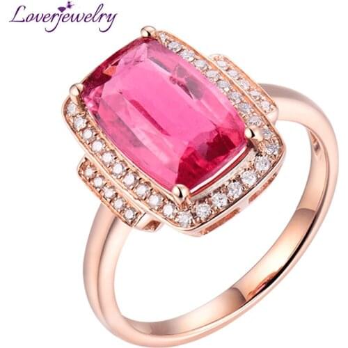 LOVERJEWELRY Women Solid 18K Rose Gold Natural Pink Tourmaline Diamonds Engagement Ring Ladies Wedding Rings For Mother Gift