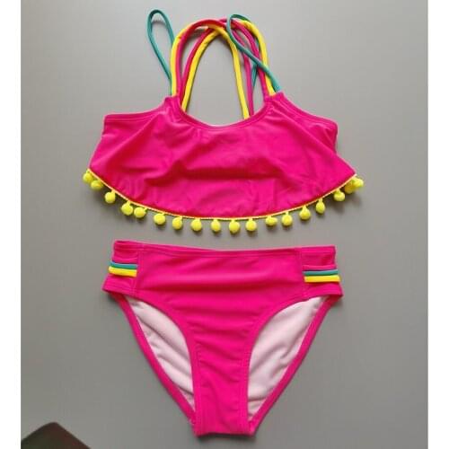 Summer Tassels Two Pieces Swimsuit Kids Swimwear Solid Color Cross Strap Top+Bottoms Baby Girl Bathing Suit Brazilian Bikinis