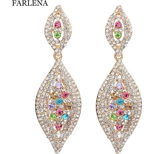FARLENA Fashion Jewelry Silver Plated Leaf shaped Drop Earrings with crystal long wedding earrings