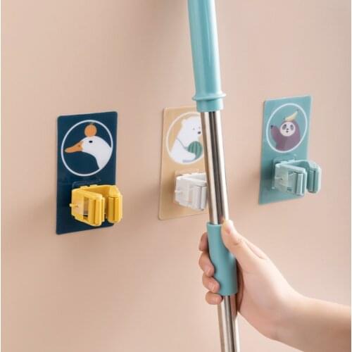 Cartoon Wall Mounted Mop Organizer Holder Broom Brush Shelf Bathroom Kitchen Storage Tool Suction Hanging Pipe Hooks For Mop
