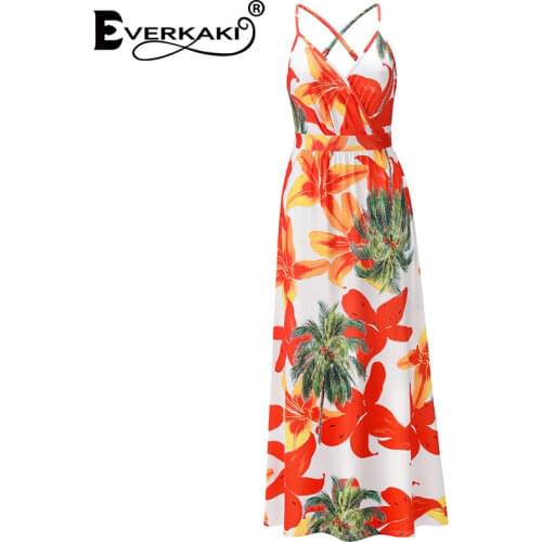 Everkaki Strap Flower Print Maxi Dresses Summer Beach Vacation Sexy Backless Party Elegant Boho Long Dress Female 2021 Clothing