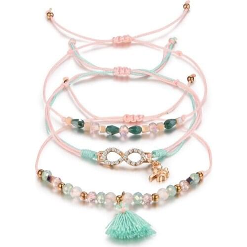 Pink Green Clover Pendant Beads Tassel Bracelet Crystal Bracelet