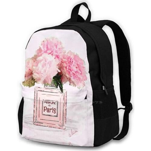 Pretty Pink Peonies In Perfume Bottle In Watercolor Bag Backpack For Men Women Girls Teenage Black Pastel Pink Peony Peonies