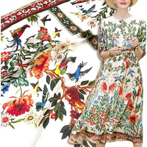 130x145cm Fashion Flower/Bird Printed Thin Georgette Chiffon Fabric For Woman Girl Summer Long Dress DIY Cloth Sewing