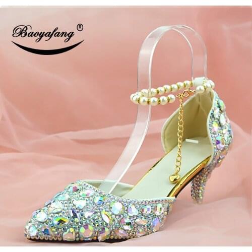 Bao ya feng 2019 New arrival Pointed toe Womens wedding shoes 6cm woman crystal party dress shoes White AB Drill Crystal Shoes
