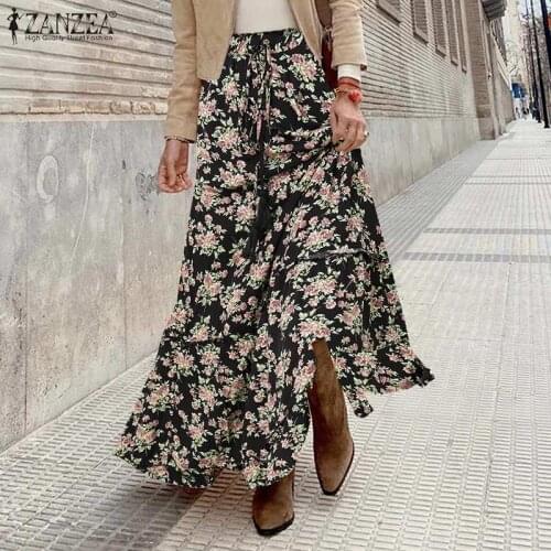 ZANZEA Women Bohemian Long Skirt Spring Fashion Elastic Waist Robe Vintage Floral Jupe Ruffle Printed Faldas Saia Holiday Skirts