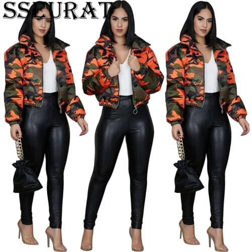 SSEURAT Women Camouflage Print Jackets Full Sleeve Zipper Casual Down Coats Slim Jackets