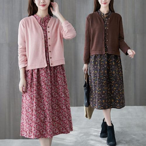 Oversized Loose Women Two Piece Set Dress 2021 Spring New Long Sleeve Print Dress+Solid Color Knitted Cardian Casual Set aq123