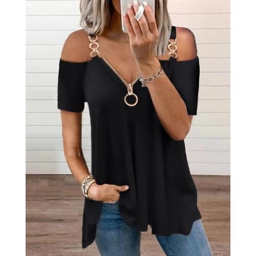Summer Womens Chain Strap Top 2021 New Femme Trim Cold Shoulder V-Neck Zipper Short Sleeve Elegant T-Shirt Ladies Clothe Tunic
