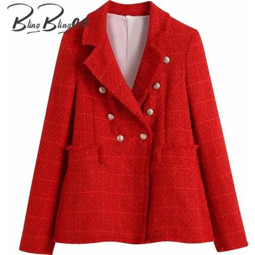 BlingBlingee Za 2021 Autumn Winter Woman Traf Jacket Raw Edge Tweed Woolen Ornate Buttons Slim Blazers Female Red Coats Outwear