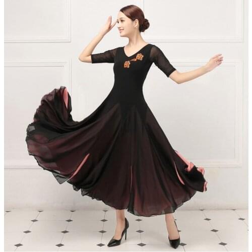 Lady Tango Flamenco Dancing Dress Female Waltz Dancing Customes Girls Summer Ballroom Dance Dress Short Sleeve V Neck D-0386
