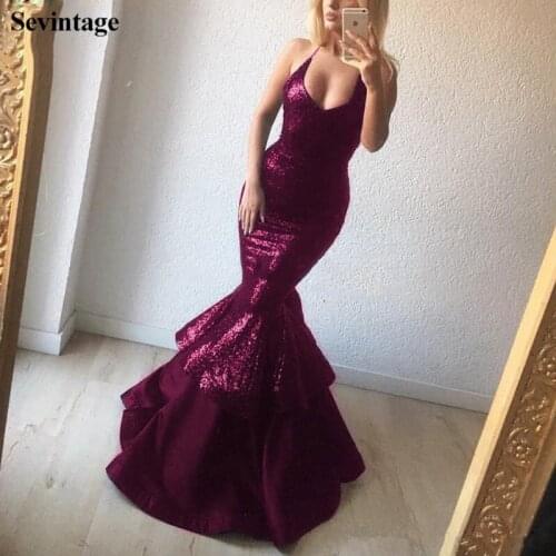 Sevintage Mermaid Glitter Sequined Evening Dress V-Neck Halter Shiny Prom Gowns Floor Length Women Party Dresses Custom Size