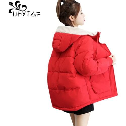 UHYTGF winter coat women Korean hooded down jacket casual warm short parker coat Pure color wild loose 3XL plus size jacket 1248