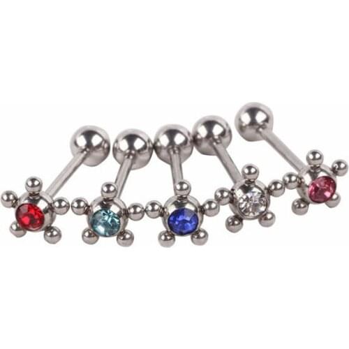 1pcs Free Shipping 14G Crystal Flower Tongue Ring Industrial Barbell Surgical Stainless Steel Stone Tongue Nail nipple rings