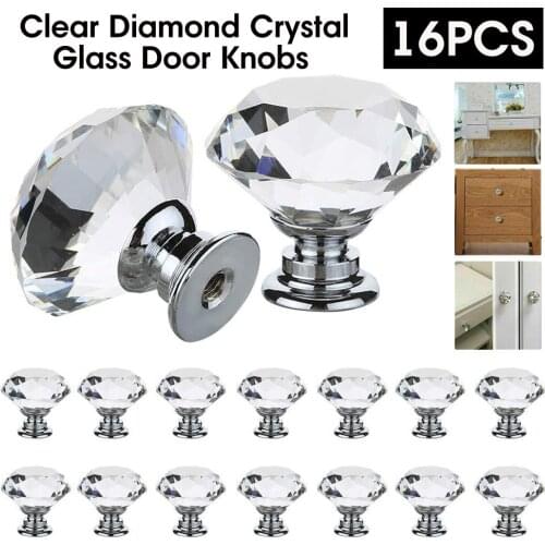 16pcs 30mm Diamond Shape Design Crystal Glass Knobs Cupboard Drawer Pull Kitchen Cabinet Door Wardrobe Handles Hardware Supplies