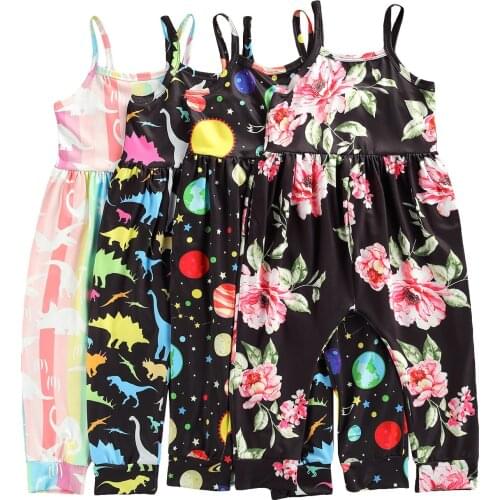 Kids Summer Jumpsuits, Multicolor Print Spaghetti Strap Sleeveless Siamese Trousers for Girls, 1-6 Years