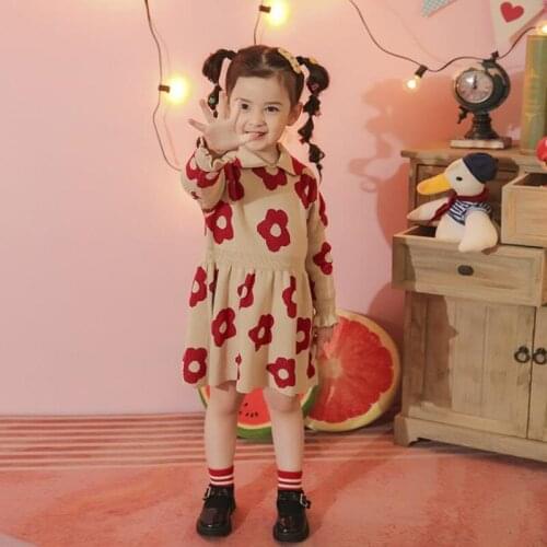 DFXD 2021 Spring Children Clothes Long Sleeve Knit Princess Dress For 2-8Yrs Wedding Party Kids Girl A-line Flower Sweater Dress