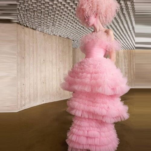 Designer Pink Tulle Dresses Ruffles Cap Sleeves Puffy Floor Length Long Women Special Occasion Pleated Party Gowns