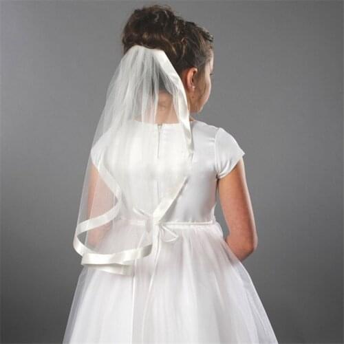 New White Ivory Kids Girls First communion Veils Tulle Bow with comb Appliques Wedding Flower Girl veil Voile Mariage Fille