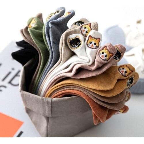 5 Pairs Pack Kawaii socks women Happy Ankle Funny Socks Women Cartoon Embroidery Cat Harajuku Short Socks Cotton Lot