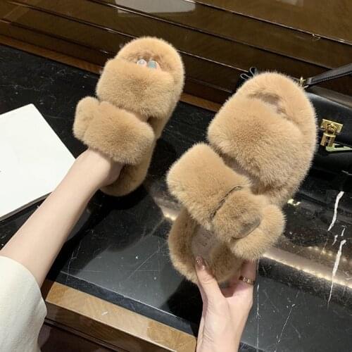 Fur Shoes Womans Slippers Luxury Slides Flock Med On A Wedge Shose Women Plush 2020 Designer Soft Flat Wedges Rome Fashion