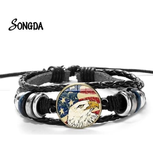 Eagle Stars and Stripes Photo Bracelet Flag Fashion Casual Bead Multilayer Woven Bracelet Glass Dome Gem Men Jewelry 2019