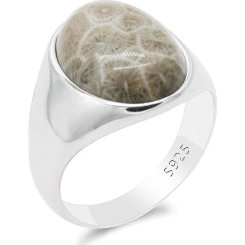 925 Sterling Silver Mens Ring with Oval Natural Coral Stone Vintage Simple Male Rings Turkish Handmade Thai Silver Jewelry Gift